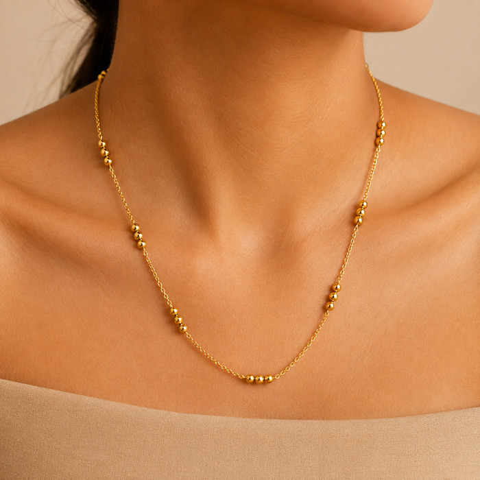 Gold Beaded Station Chain Necklace – Anti Tarnish Stainless Steel Necklace for Women