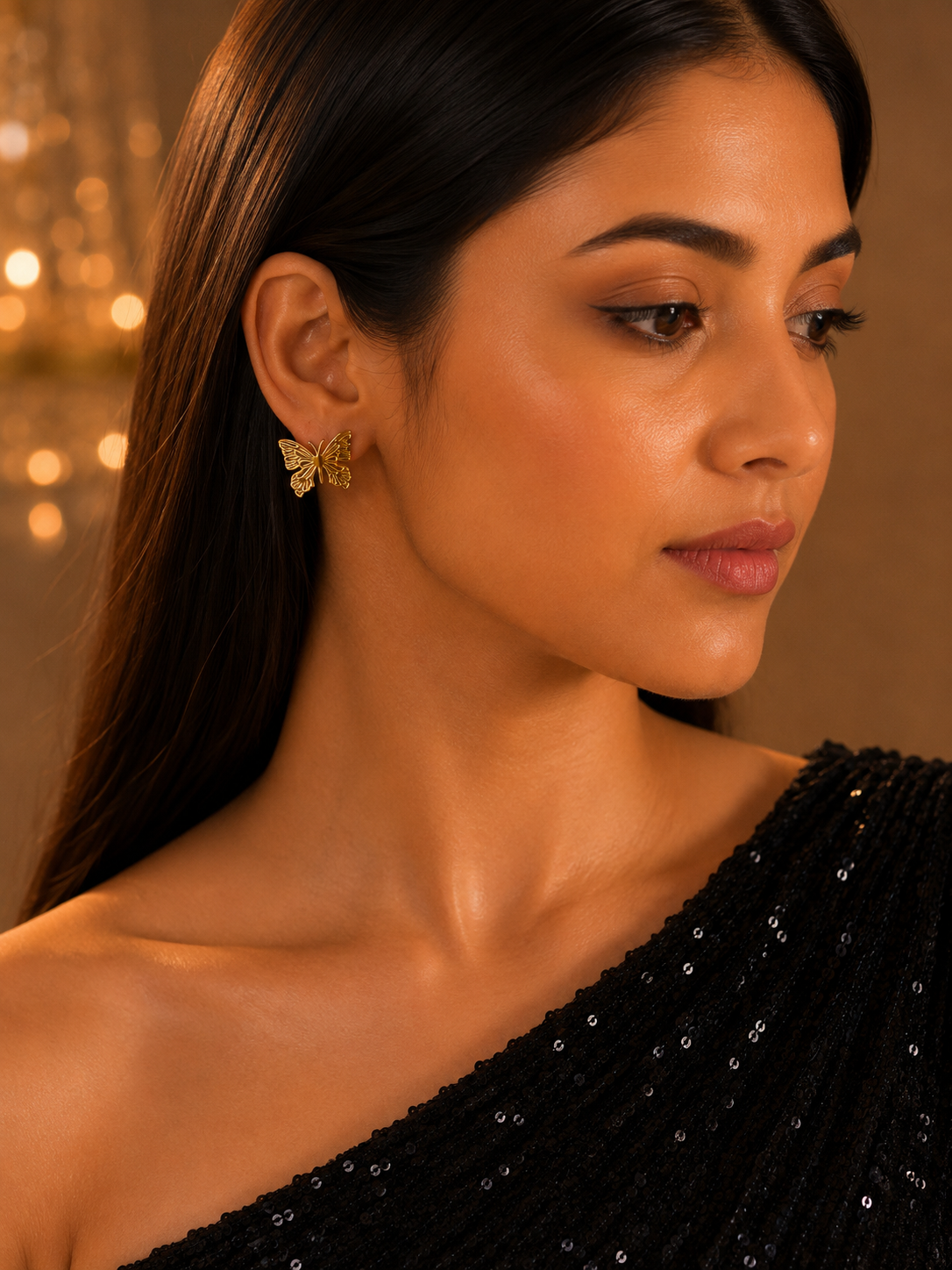 A close-up of a woman wearing a small gold butterfly-shaped earring, dressed in a black sequined one-shoulder top against a warm, softly blurred background.