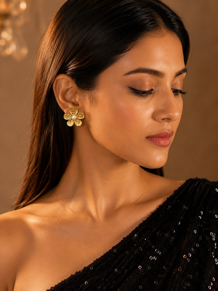 Bloom Pearl Gold Flower Stud Earrings – Anti Tarnish Stainless Steel