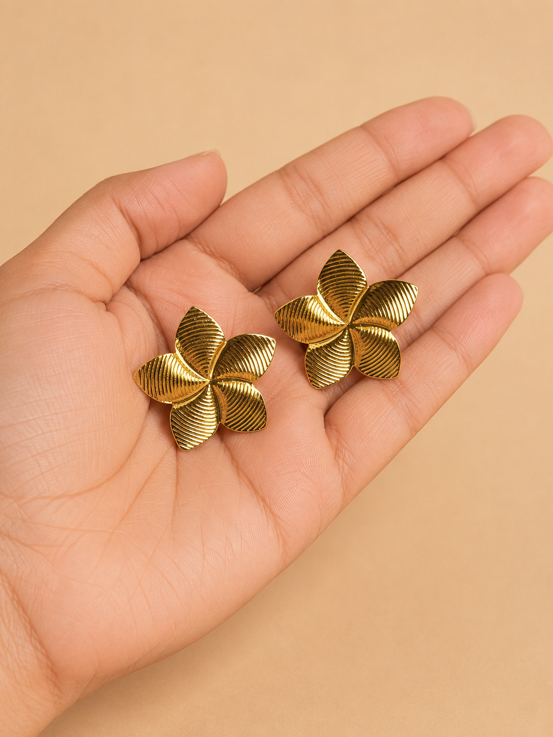 Golden Blossom Textured Flower Stud Earrings – Anti Tarnish Stainless Steel