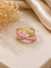 Pink Enamel Crystal Crossover Gold Ring