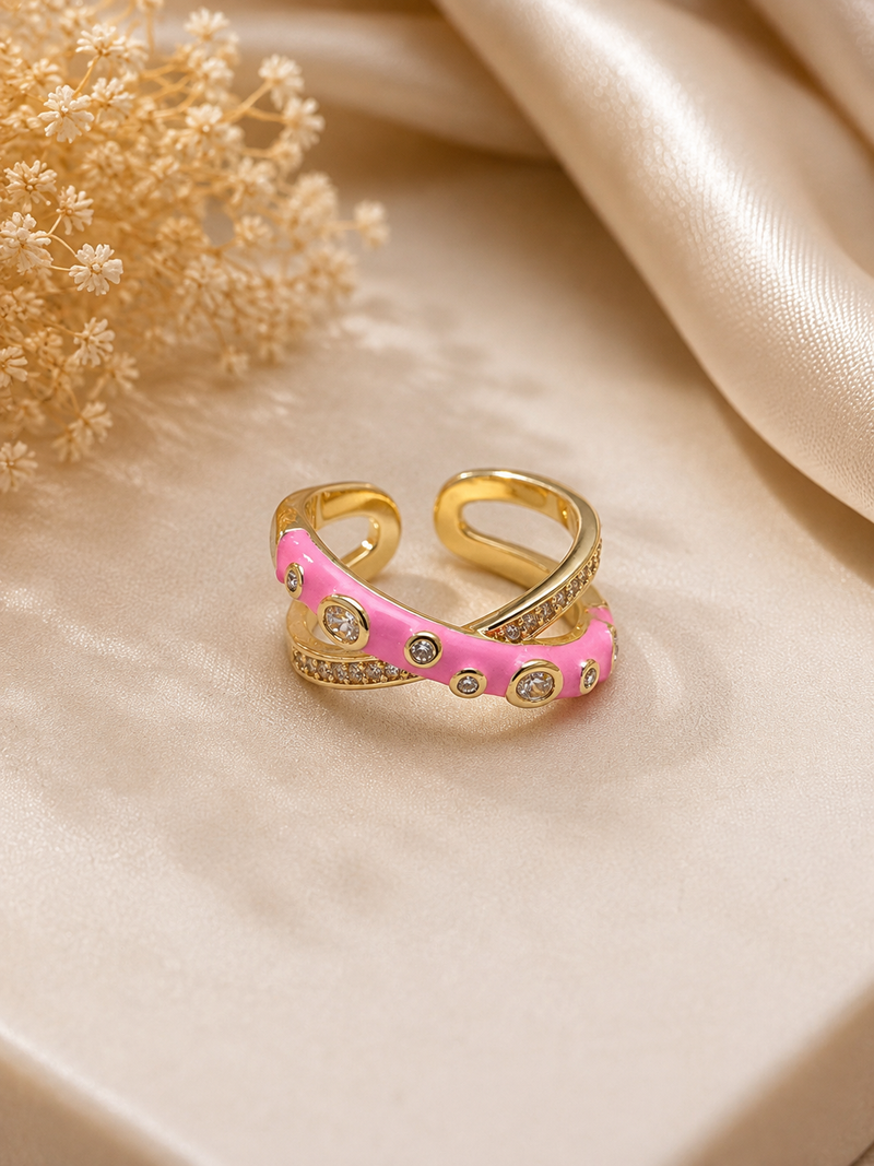 Pink Enamel Crystal Crossover Gold Ring
