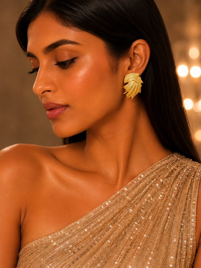 Royal Plume Gold Statement Stud Earrings – Anti Tarnish Stainless Steel