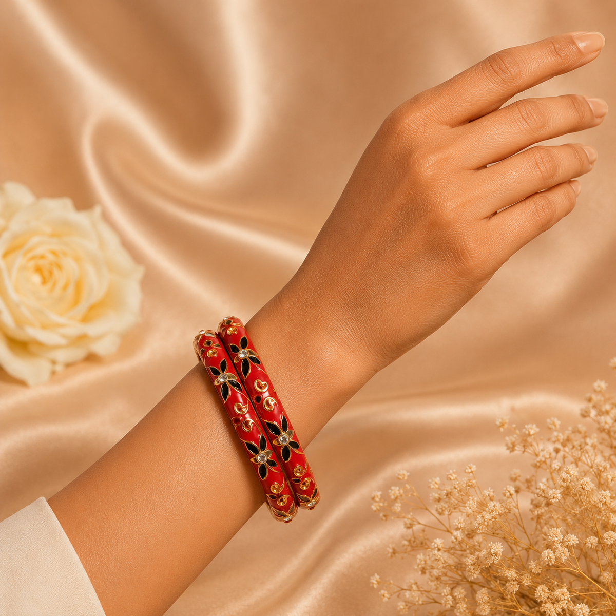 Ruby Fleur Red Enamel Gold Bangles