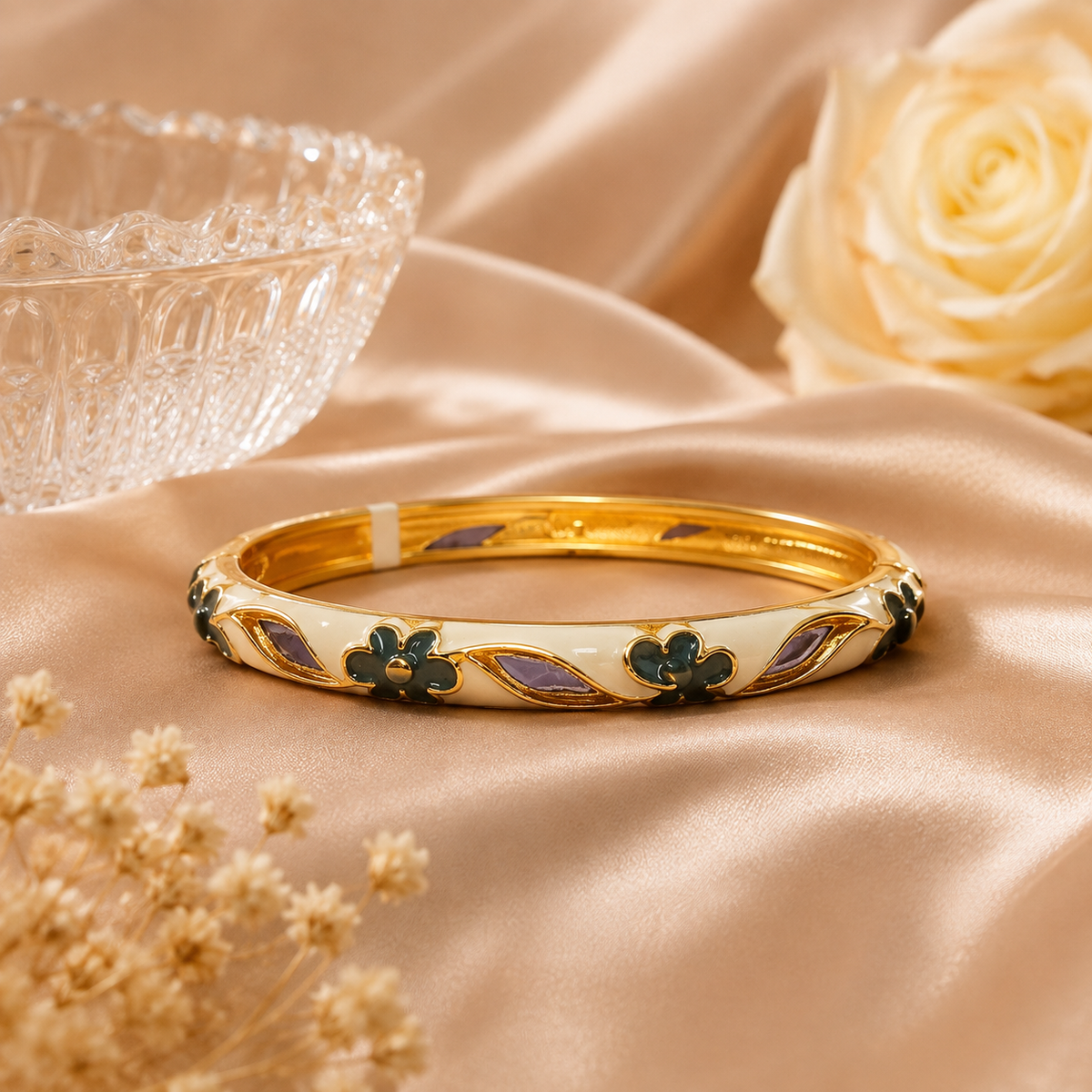 Noir Petal Ivory Enamel Gold Bangle
