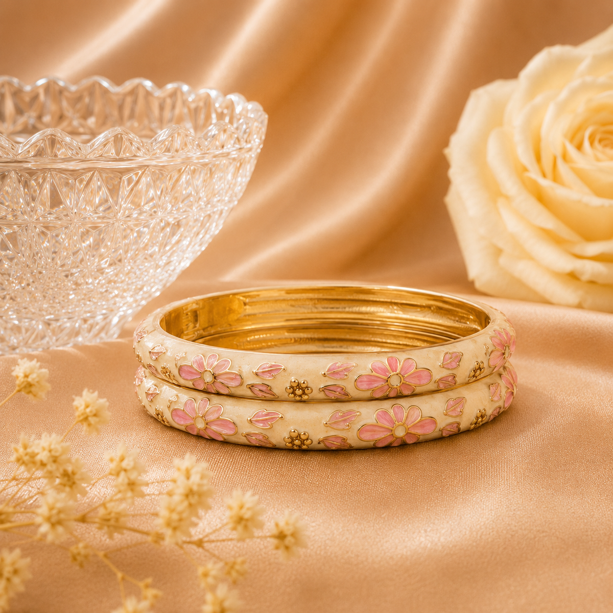 Blush Garden Ivory & Pink Floral Gold Bangles