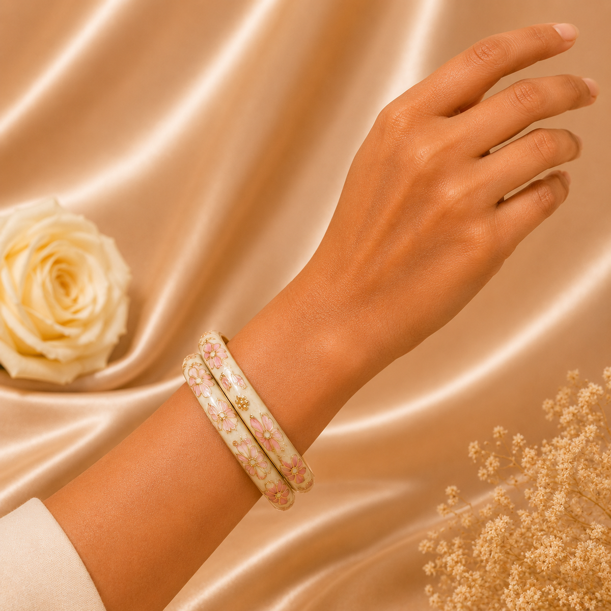 Blush Garden Ivory & Pink Floral Gold Bangles