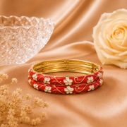 Crimson Blossom Red Enamel Floral Gold Bangles