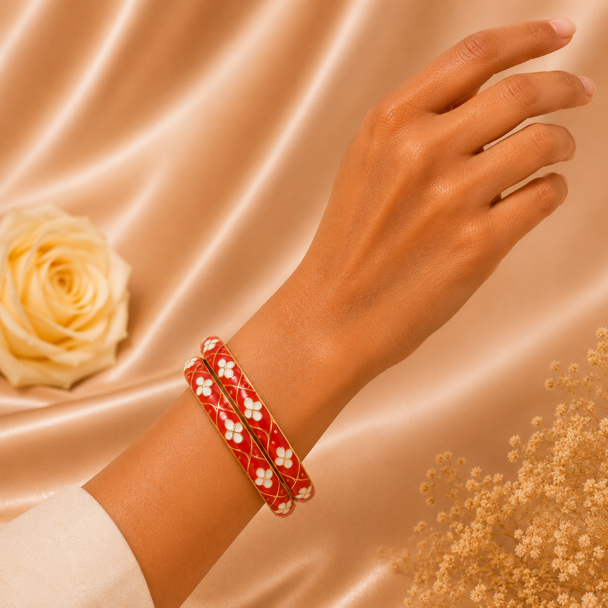 Crimson Blossom Red Enamel Floral Gold Bangles