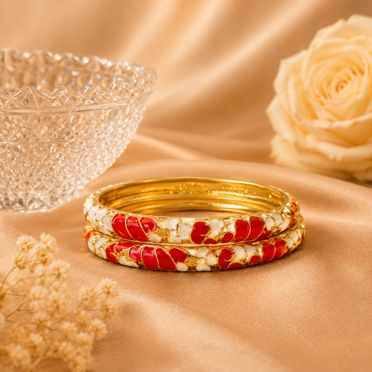 Scarlet Bloom Red & Ivory Enamel Gold Bangles