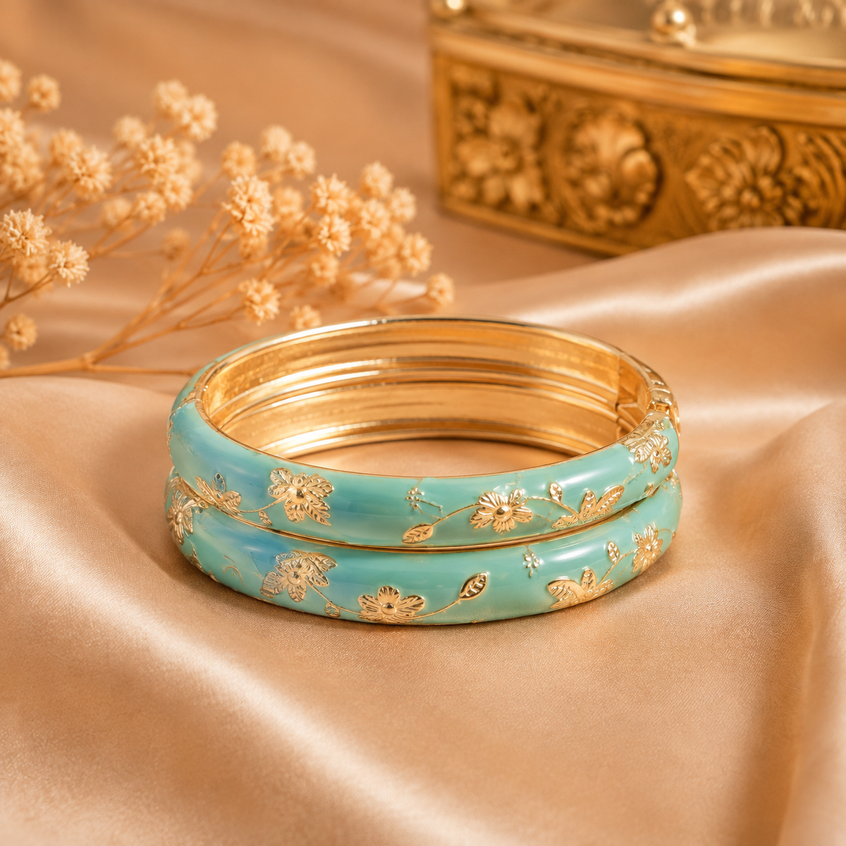 Botanical Charm Enamel Gold Bangles – Nature Motif Bangle Set