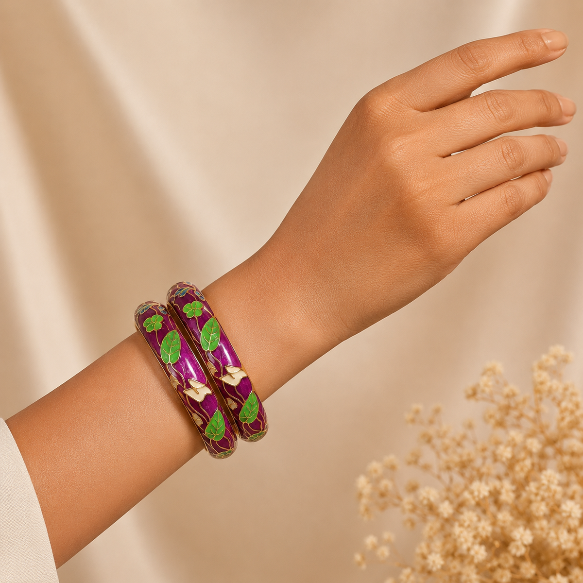 Orchid Garden Enamel Gold Bangles