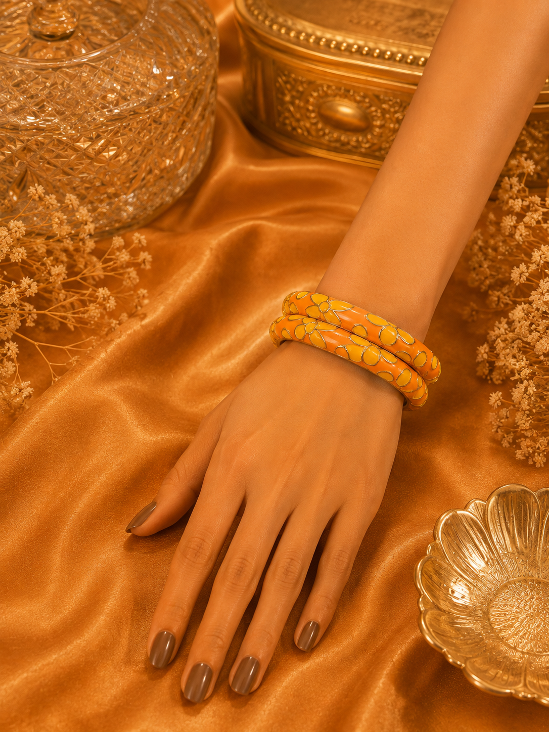 Flora Bloom Enamel Gold Bangles – Floral Statement Bangle Set