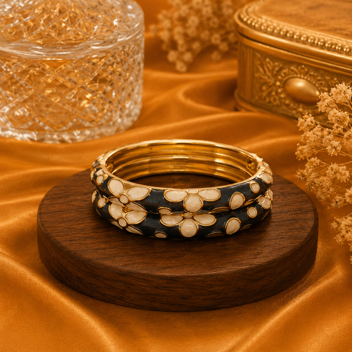 Flora Bloom Enamel Gold Bangles – Floral Statement Bangle Set