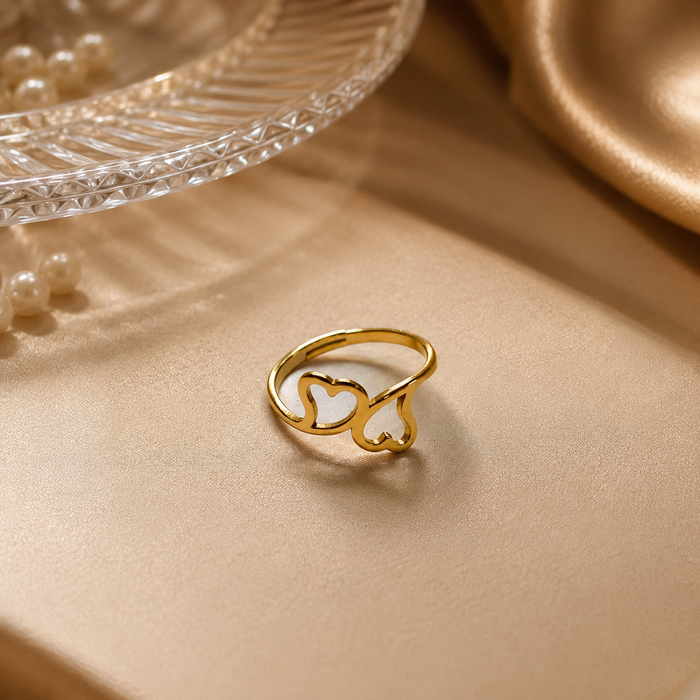 Golden Twin Heart Open Ring for Women