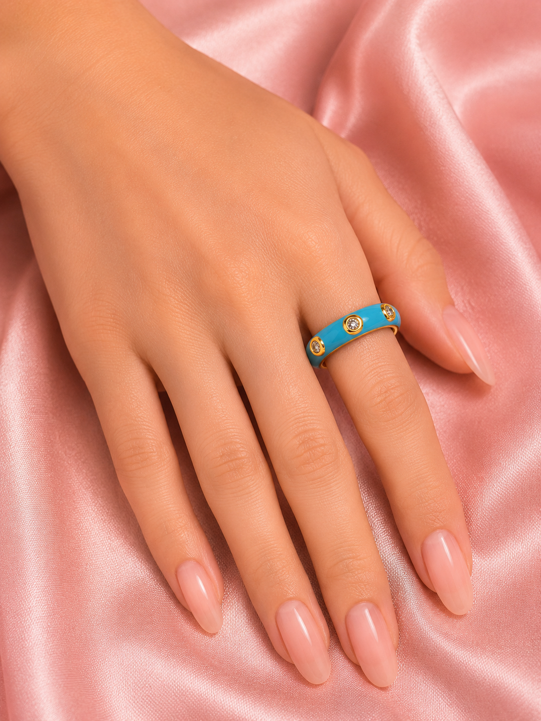 Aqua Glow Crystal Enamel Adjustable Gold Ring