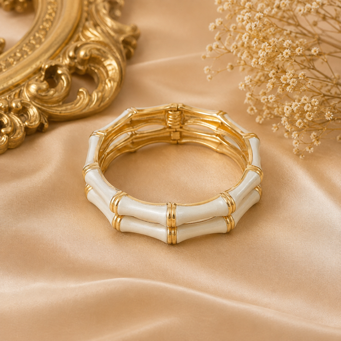 Luxe Bamboo Enamel Gold-Tone Bangle – Statement Hinged Bracelet