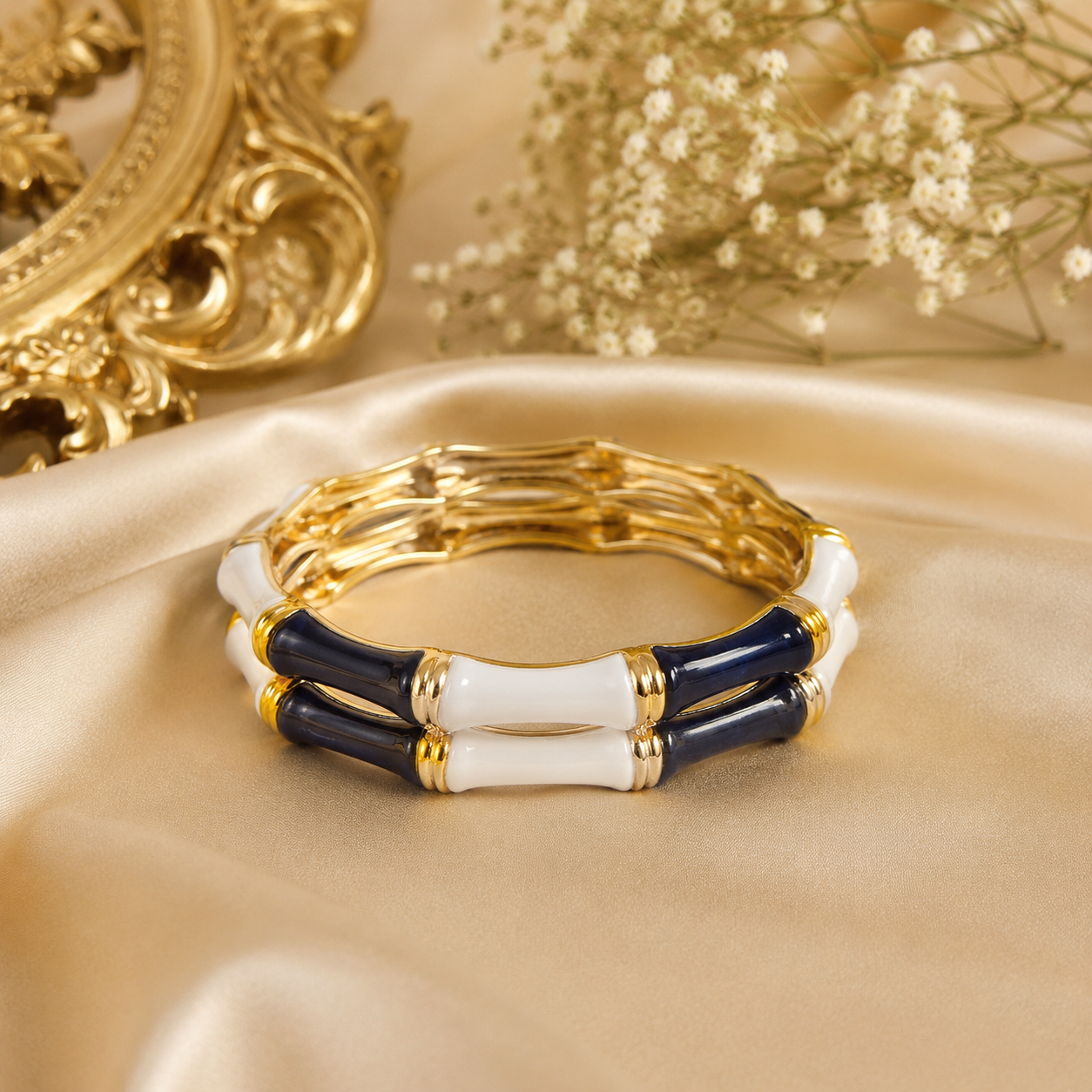 Luxe Bamboo Enamel Gold-Tone Bangle – Statement Hinged Bracelet