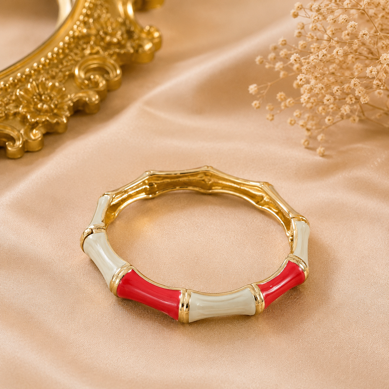 Luxe Bamboo Enamel Gold-Tone Bangle – Statement Hinged Bracelet