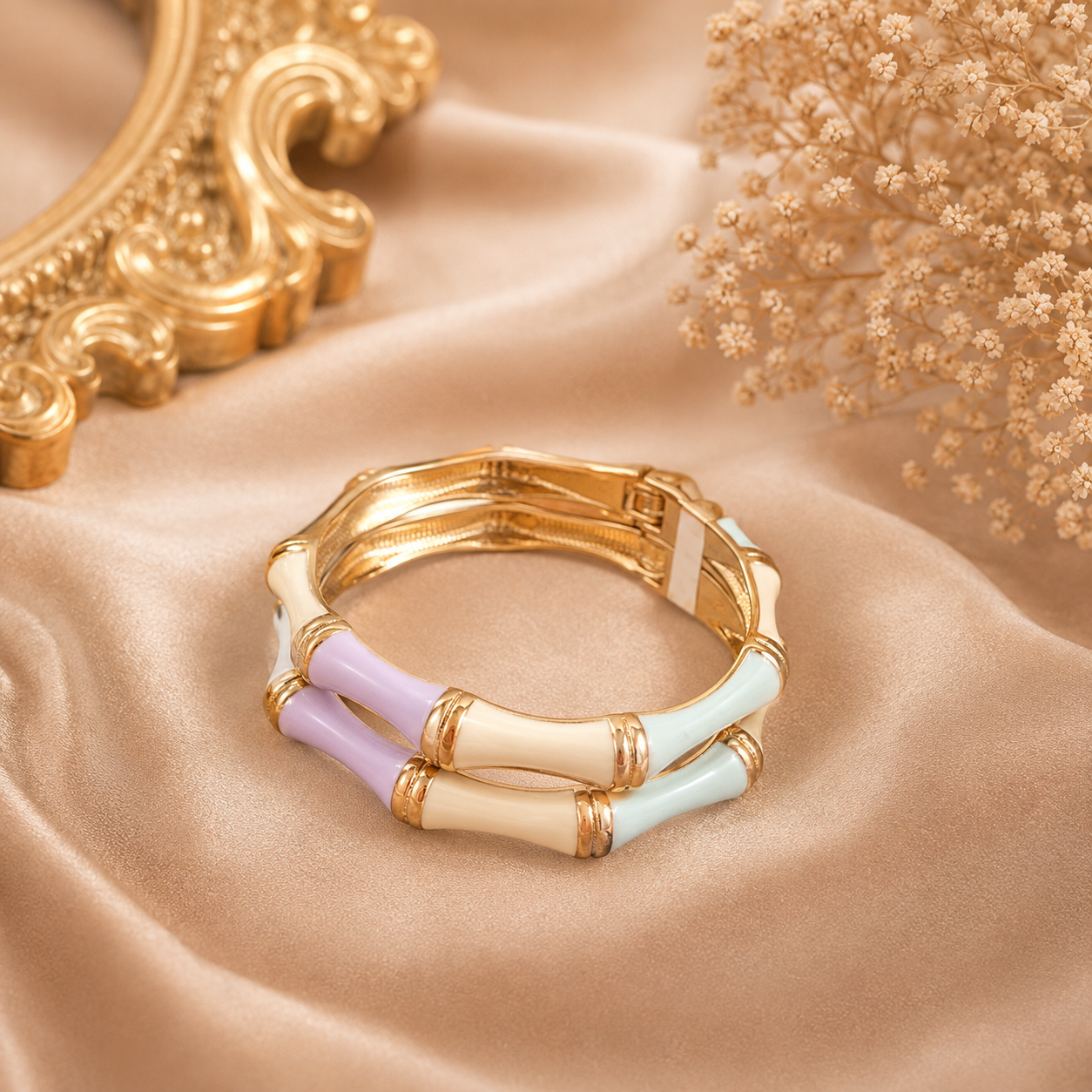 Luxe Bamboo Enamel Gold-Tone Bangle – Statement Hinged Bracelet
