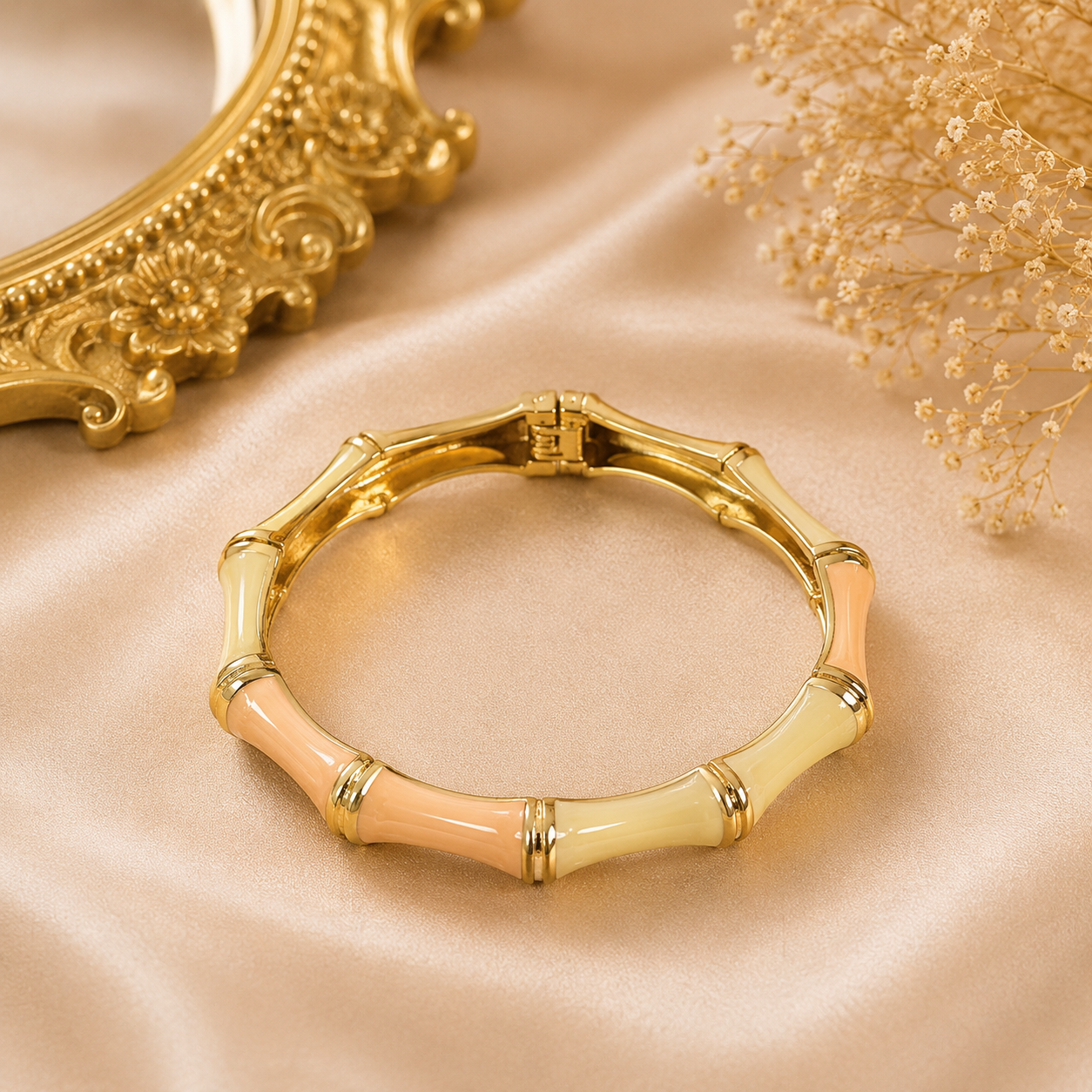 Luxe Bamboo Enamel Gold-Tone Bangle – Statement Hinged Bracelet