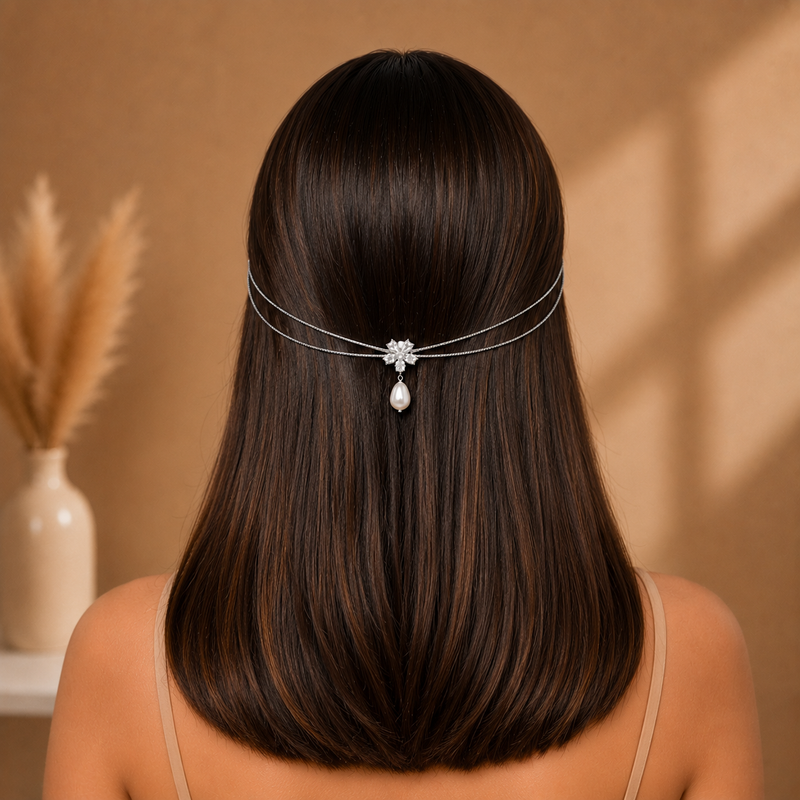 Minimal Single AD Flower with hanging Pearl Hairlet (Silver & Golden)