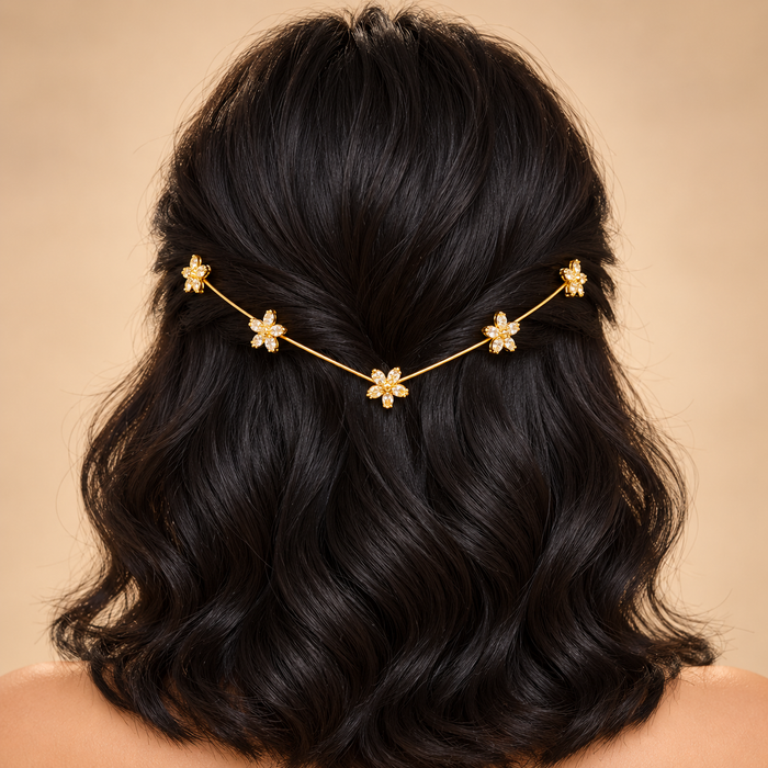 Five Flower Crystal Hair Vine – Gold Tone