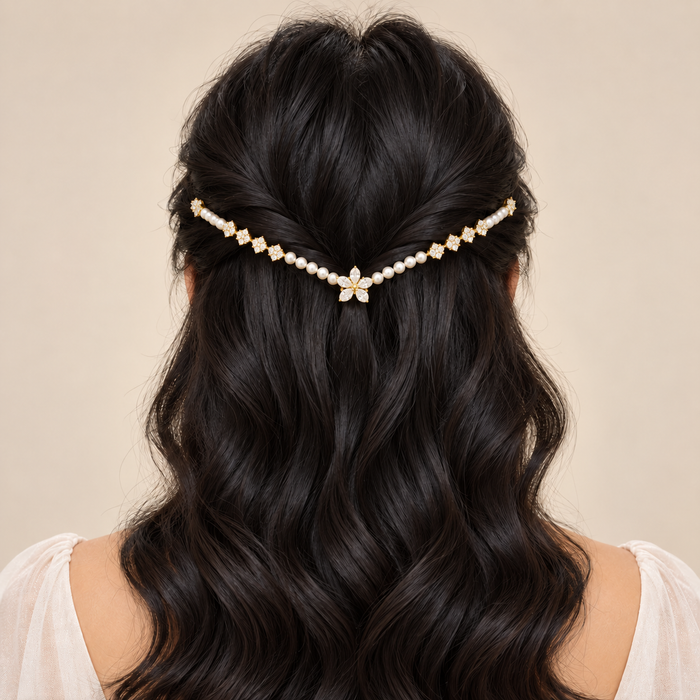 Five Crystal Flower Pearl Hairlet – Gold