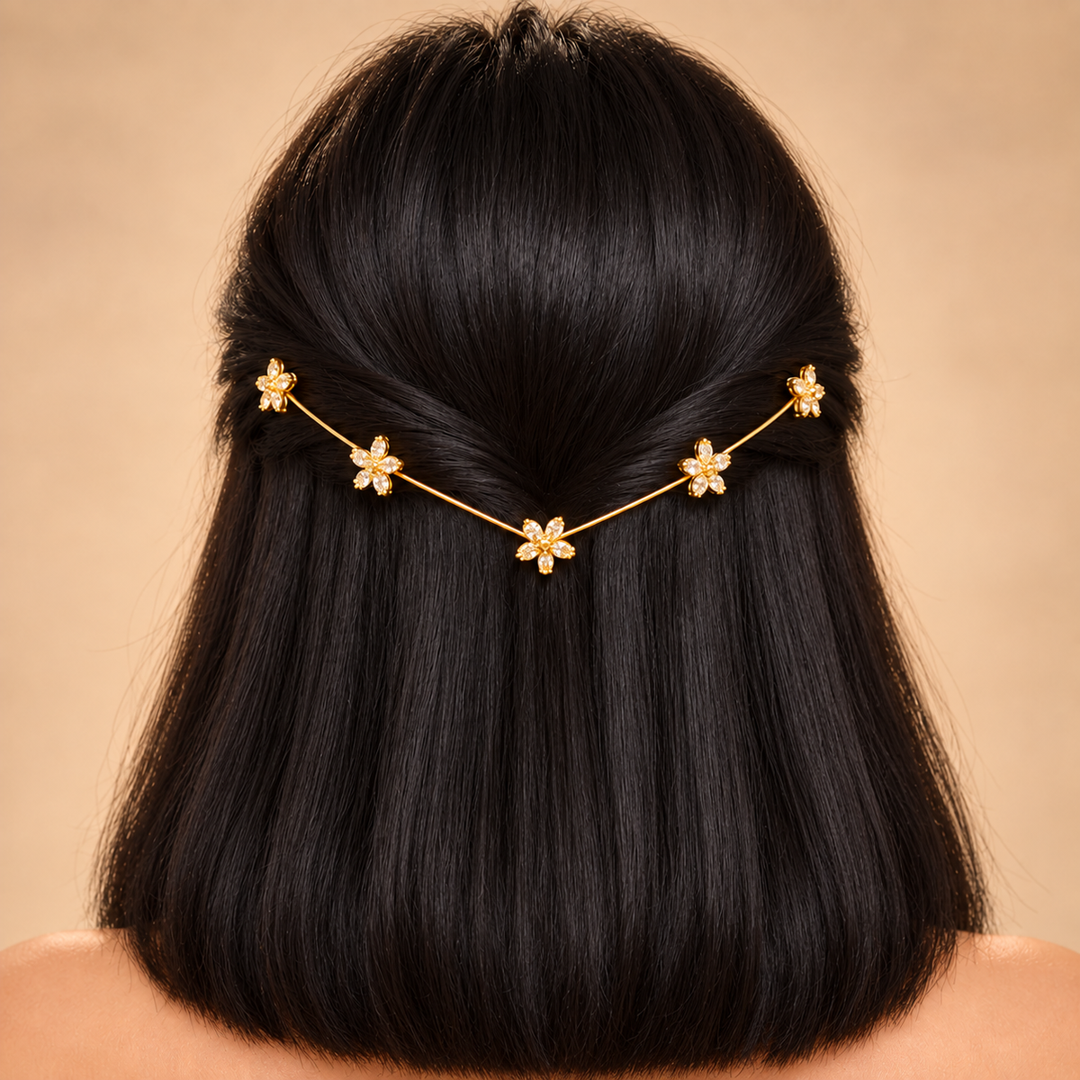 Five Flower Crystal Hair Vine – Gold Tone