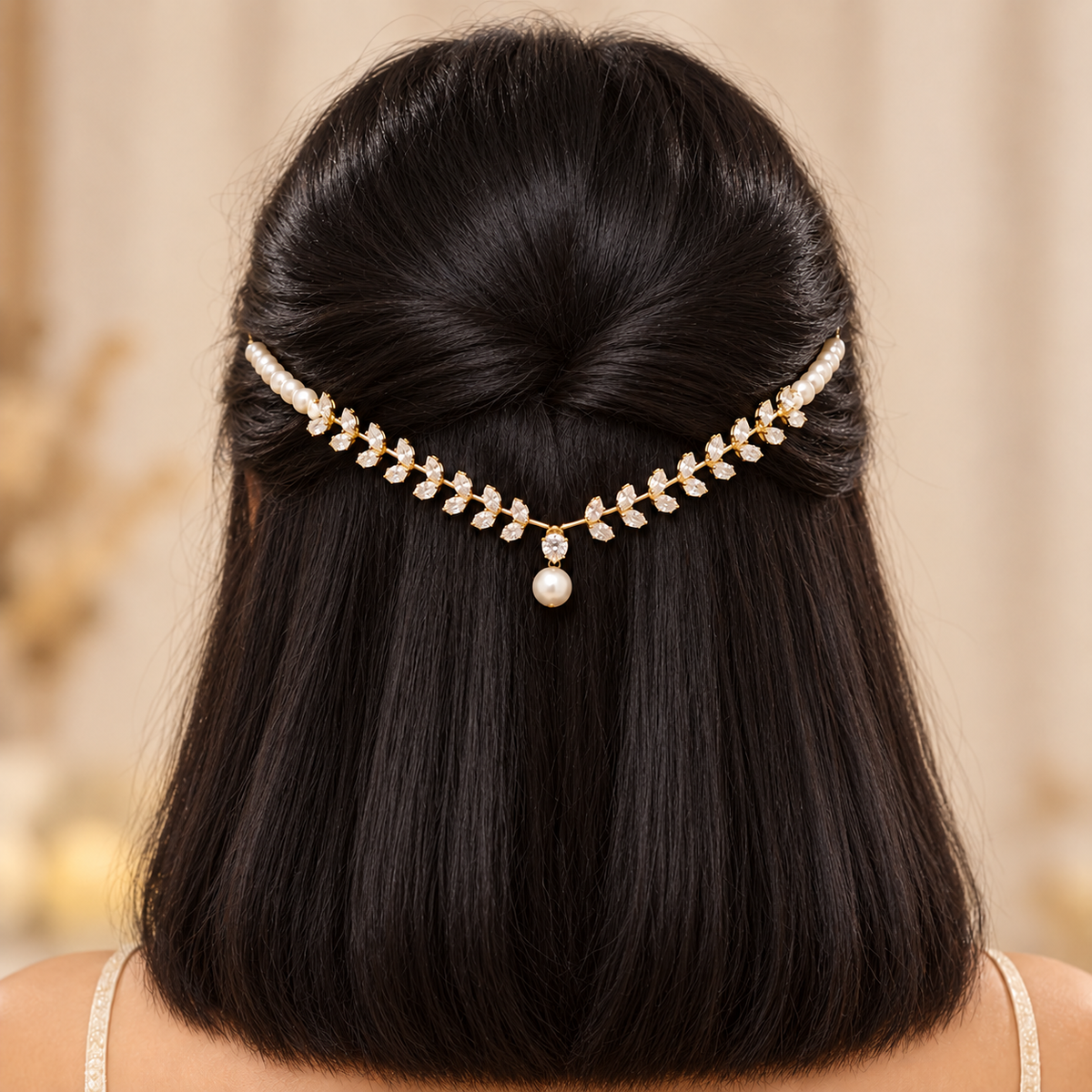 Pearl & Crystal Leaf Hairlet (Golden)