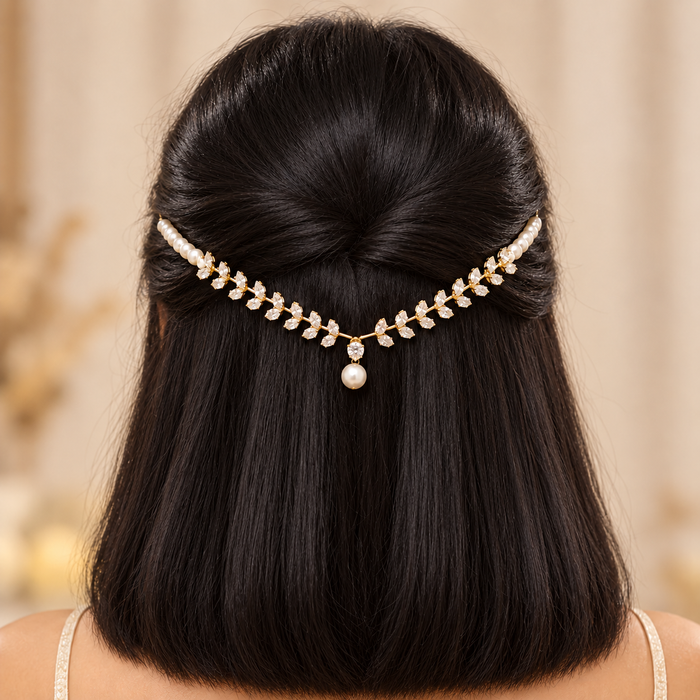 Pearl & Crystal Leaf Hairlet (Golden)