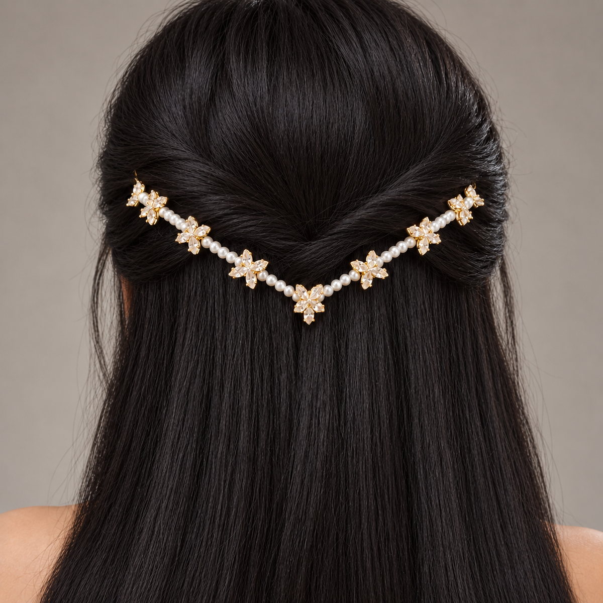 Festive Golden Pearl & Crystal Flower Hairlet