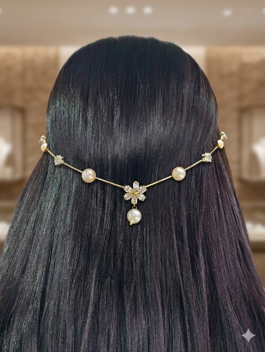 Single Flower with hanging pearl (Golden)