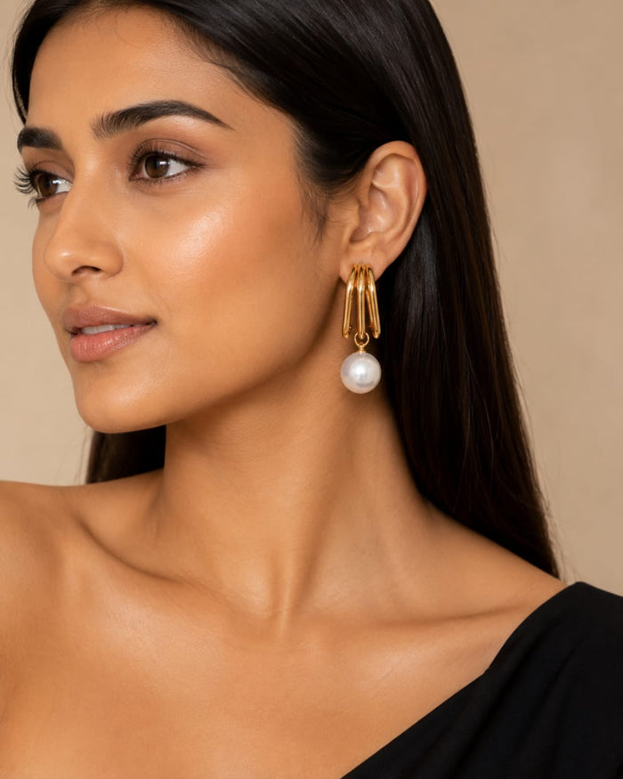 Triple Gold Hoop Pearl Drop Earrings