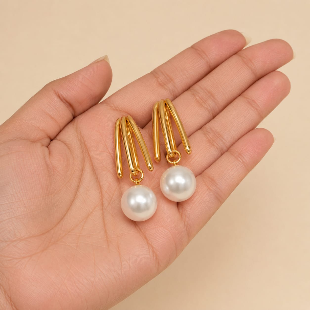 Triple Gold Hoop Pearl Drop Earrings
