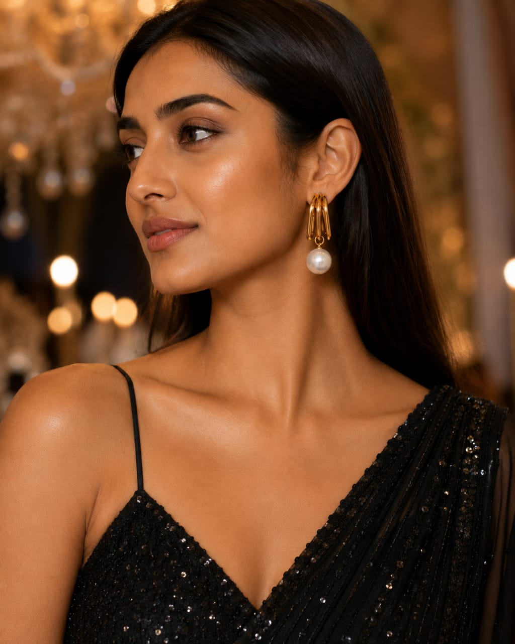 Triple Gold Hoop Pearl Drop Earrings