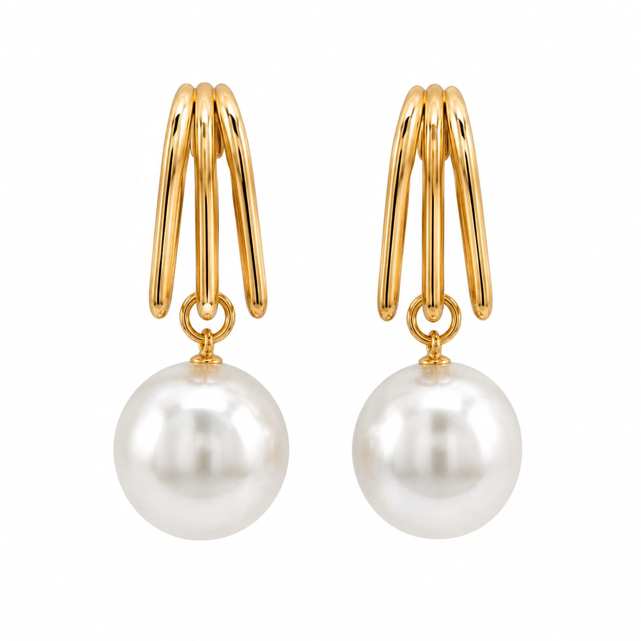 Triple Gold Hoop Pearl Drop Earrings