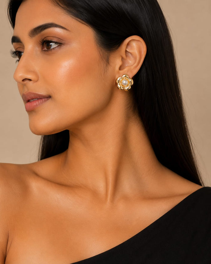 Gold Flower Pearl Stud Earrings
