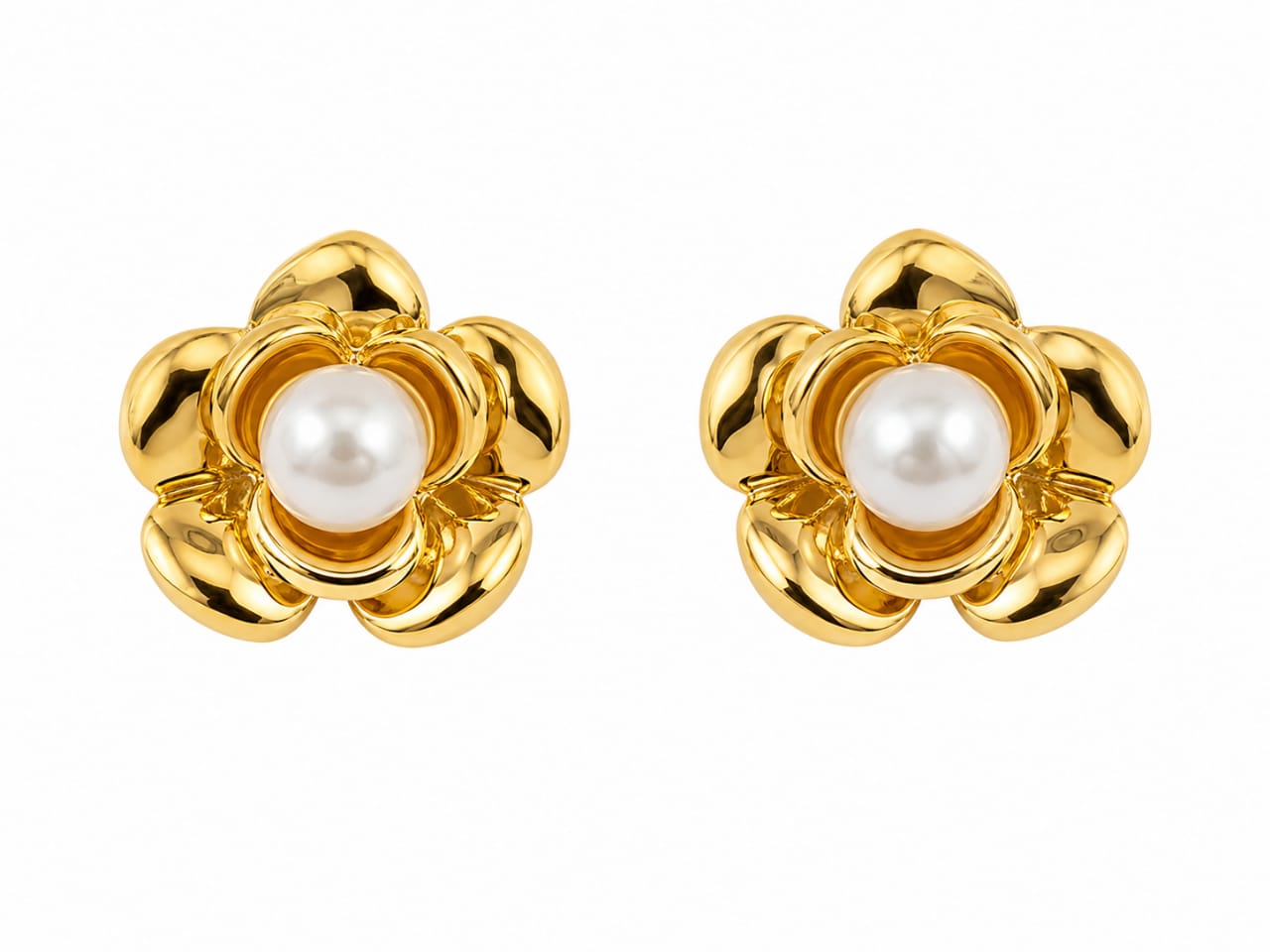 Gold Flower Pearl Stud Earrings