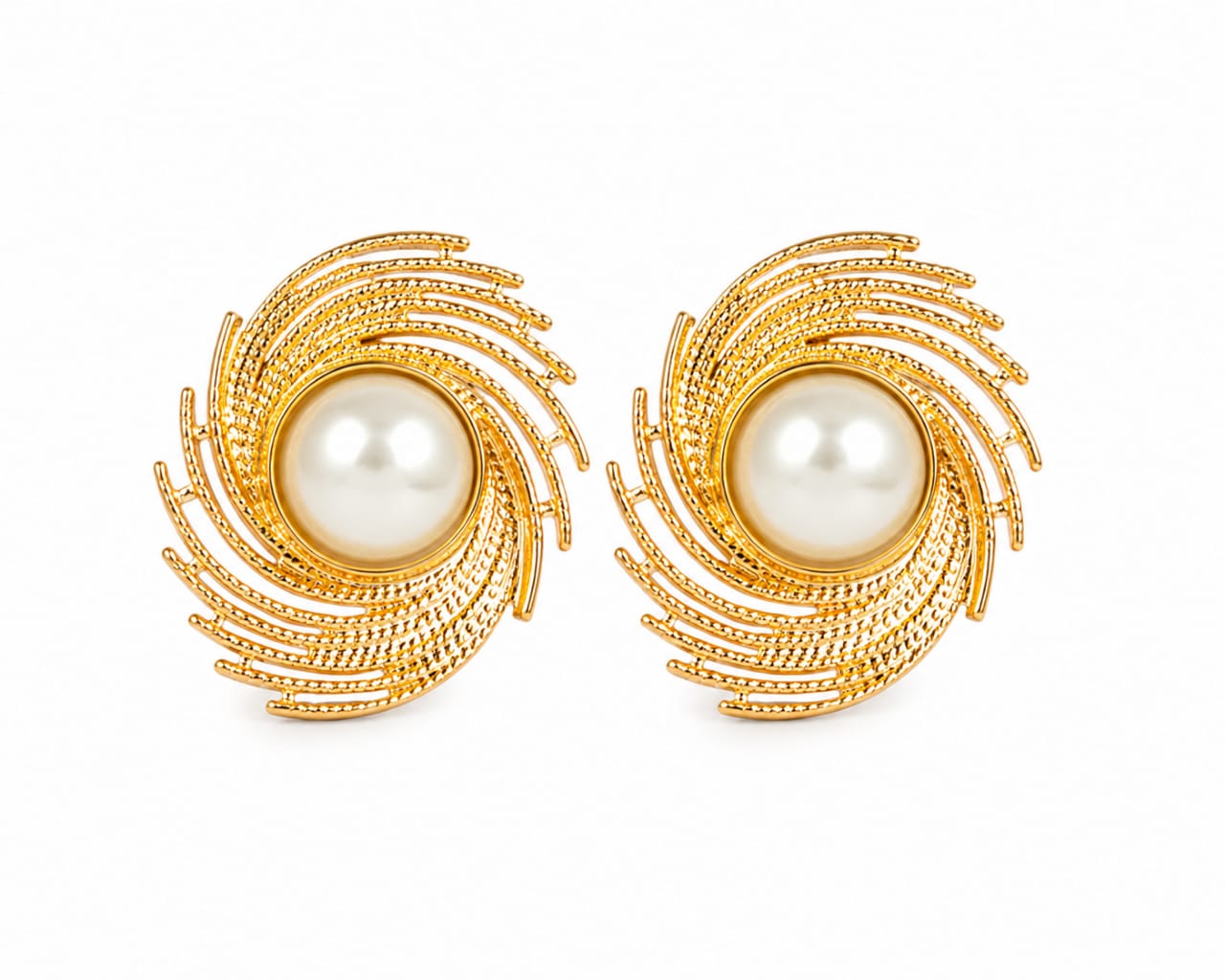 Gold Swirl Pearl Stud Earrings