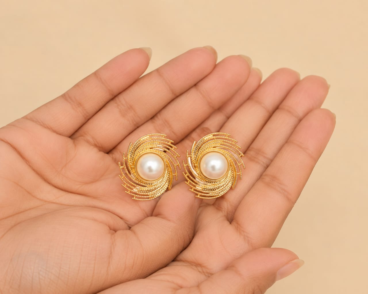 Gold Swirl Pearl Stud Earrings