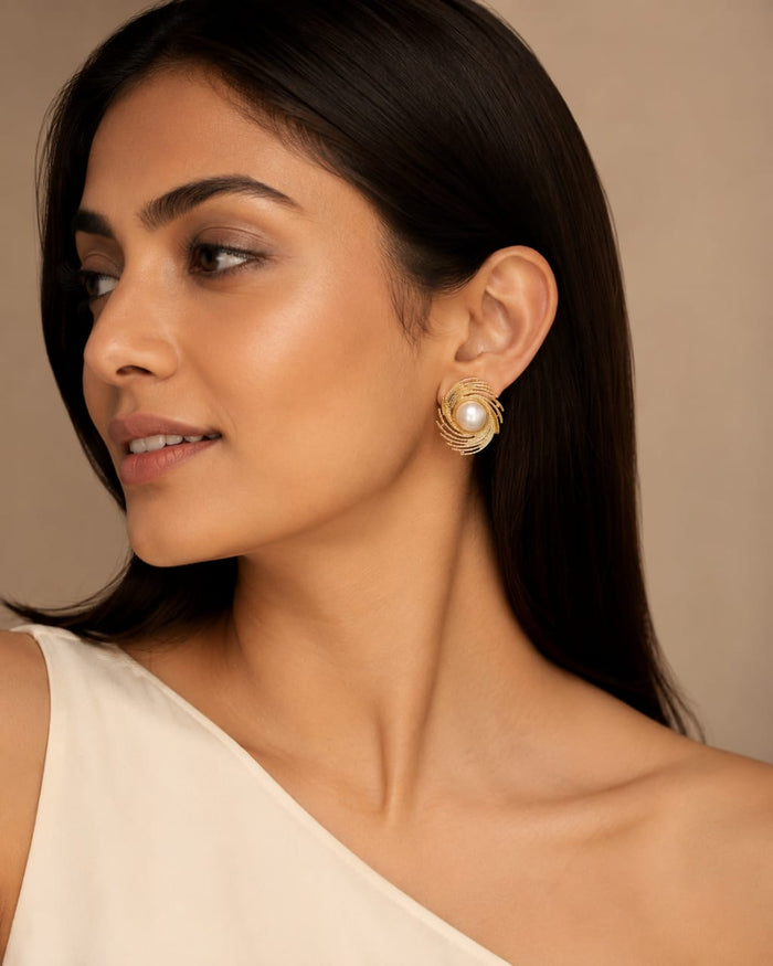 Gold Swirl Pearl Stud Earrings
