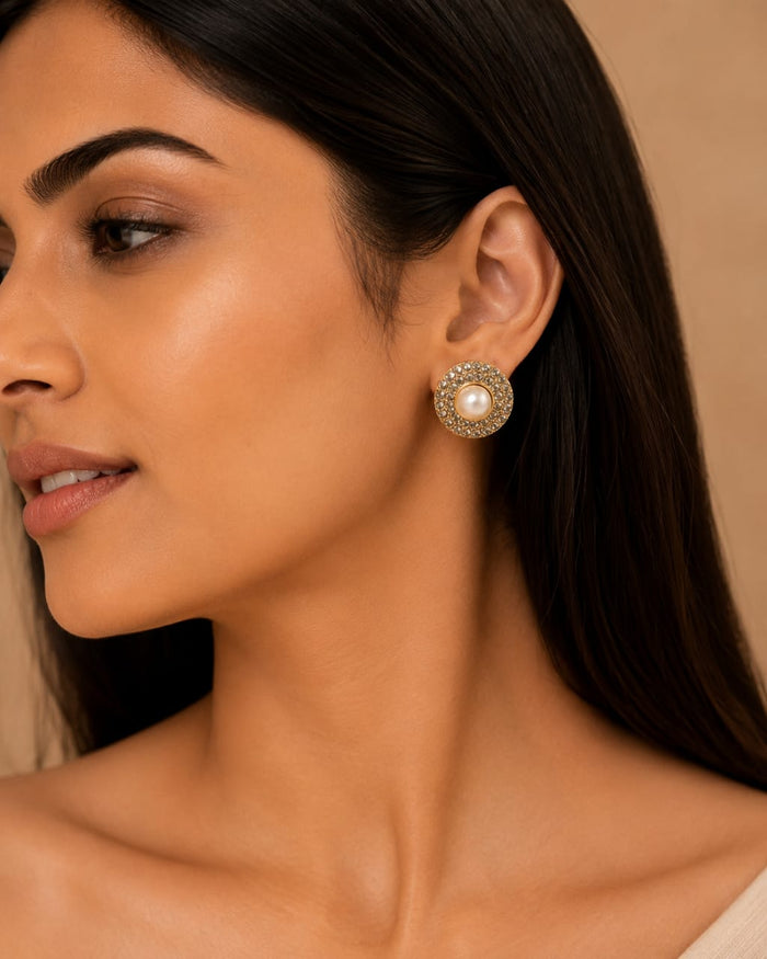 Crystal Halo Pearl Stud Earrings