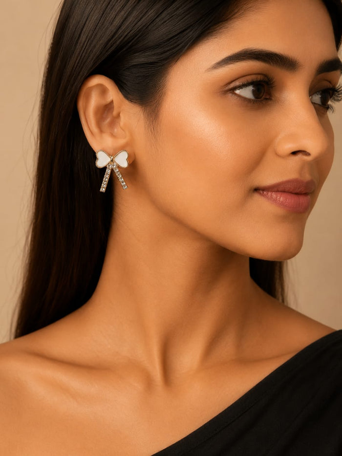 White Bow Crystal Earrings
