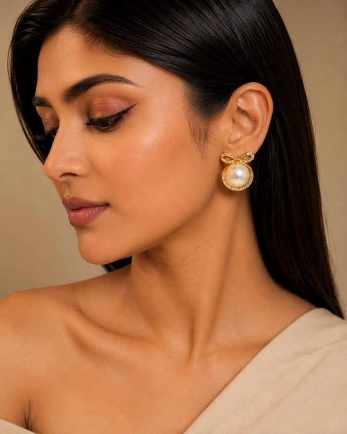 Crystal Bow Pearl Halo Stud Earrings
