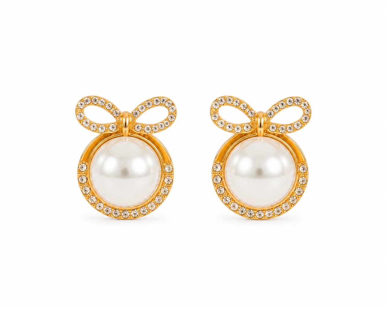 Crystal Bow Pearl Halo Stud Earrings