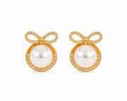 Crystal Bow Pearl Halo Stud Earrings
