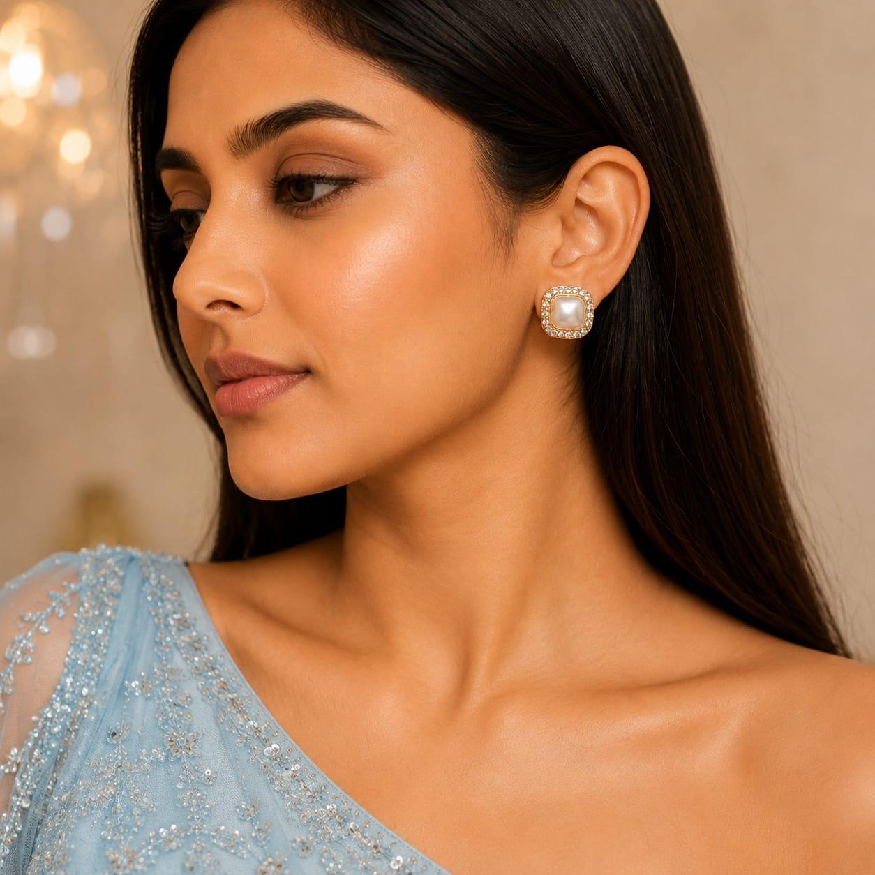 Square Pearl Crystal Stud Earrings