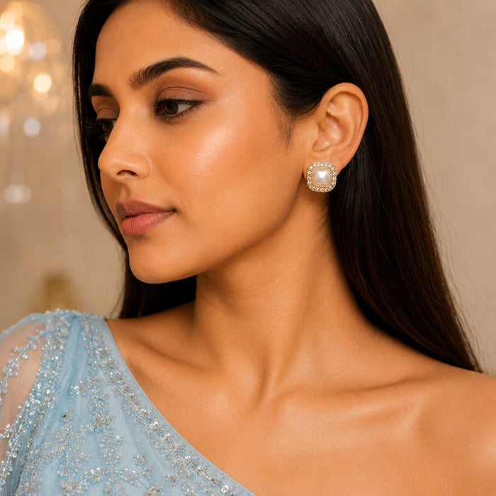 Square Pearl Crystal Stud Earrings