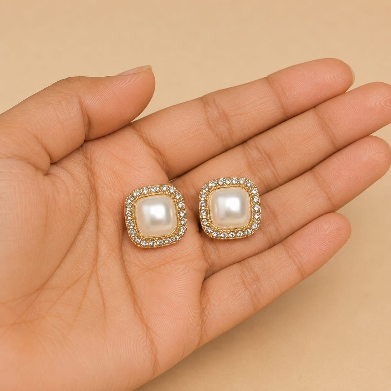 Square Pearl Crystal Stud Earrings